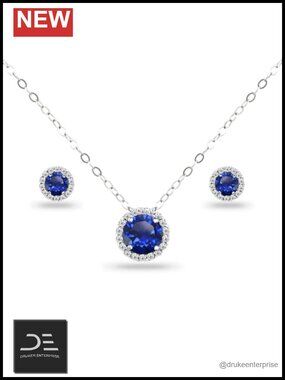Sterling Silver Jewelry Set with Simulated Sapphire Necklace
